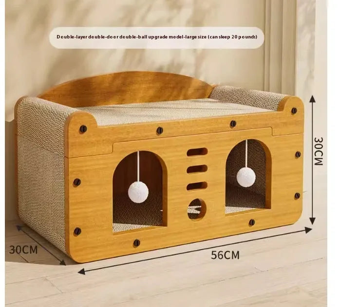 Corrugated paper double-layer cat house with double ball doors for indoor feline enrichment