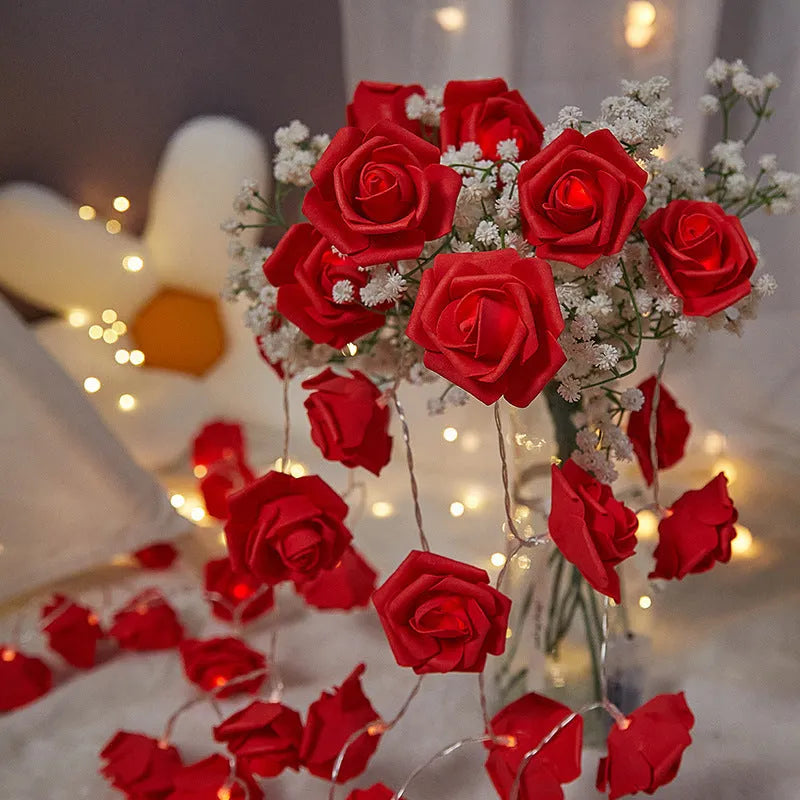 Indoor battery-powered LED rose decorative light string in one of seven colour options