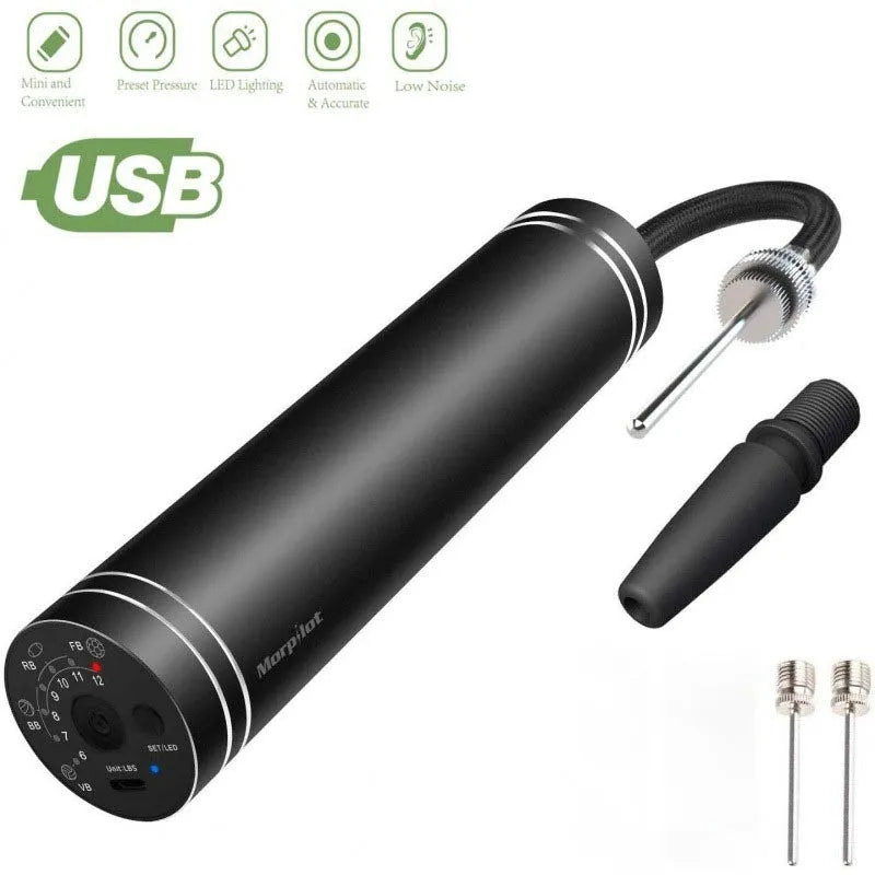 Black wireless USB electric air pump with warning light and needle nozzle for inflating footballs and balloons