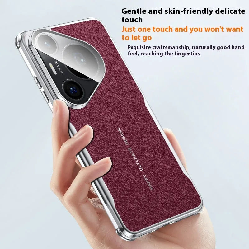 Leather Huawei phone case in black showing integrated metal stand deployed.