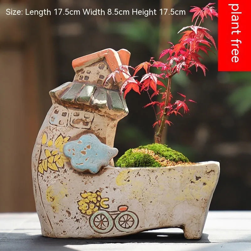 Hand-painted ceramic flowerpot with cute pastoral design for succulent plants