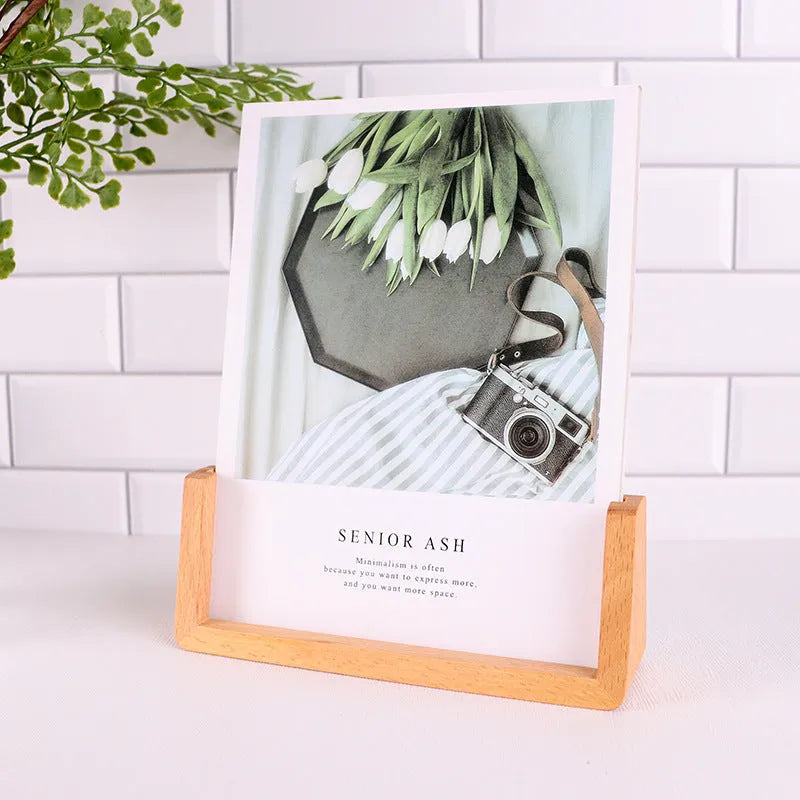 Wooden U-shaped luminous display rack with warm light, beech base, acrylic photo frame, walnut colour, 8 inch size on desk