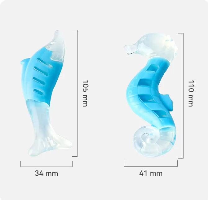 PU nylon dog chew toys showing seahorse and tuna fish designs in two-piece combination set