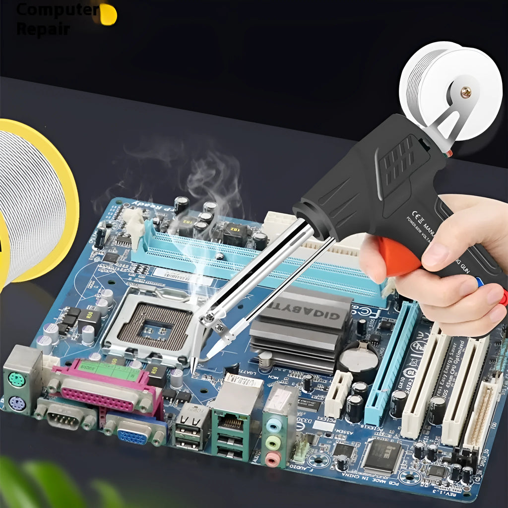 Handheld electric soldering gun with plastic handle, anti-static tweezers, and desoldering tool on a workbench