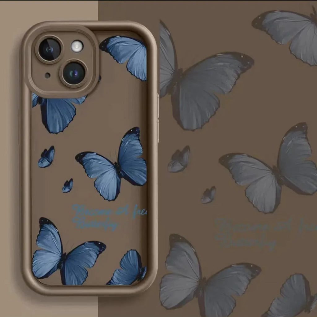 Blue butterfly printed edging drop-resistant TPU phone case for iPhone in black colour