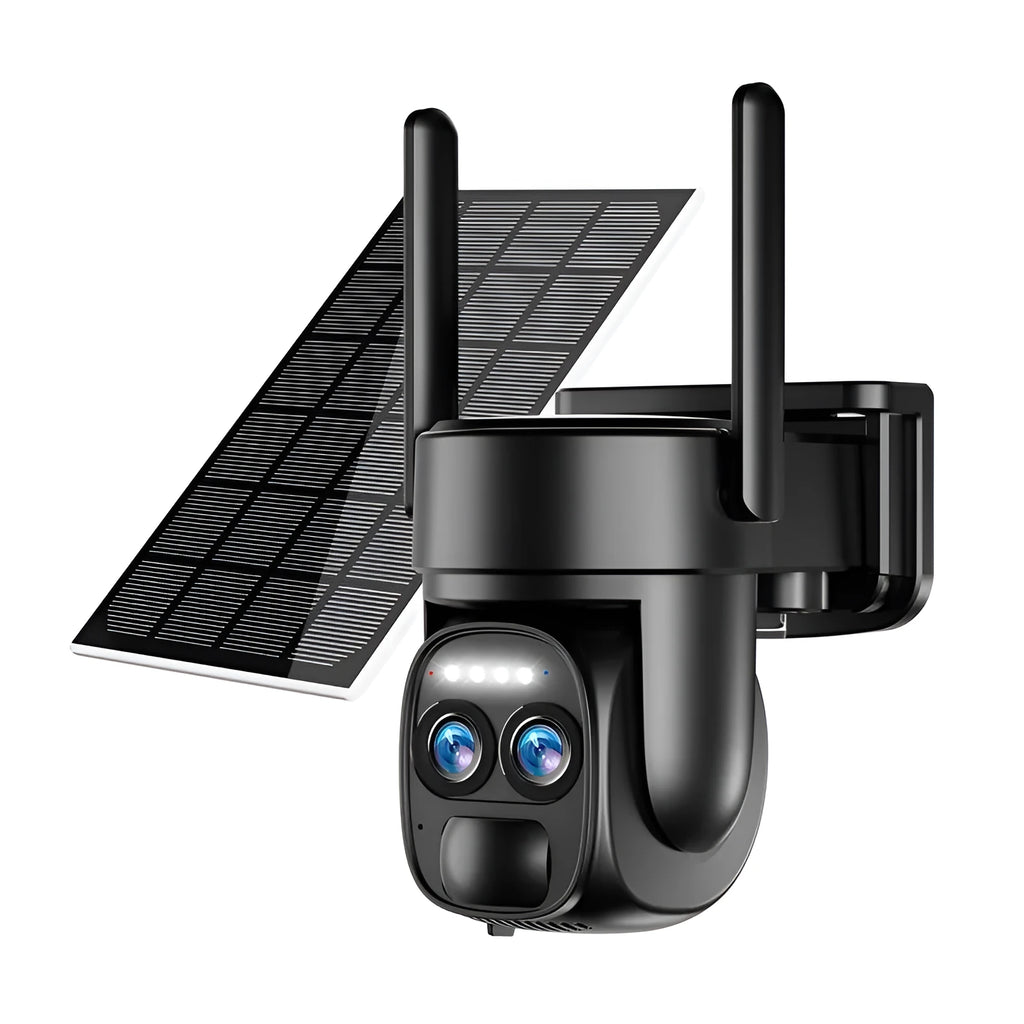 Solar-powered outdoor security camera with 8x zoom lens and colour night vision capability