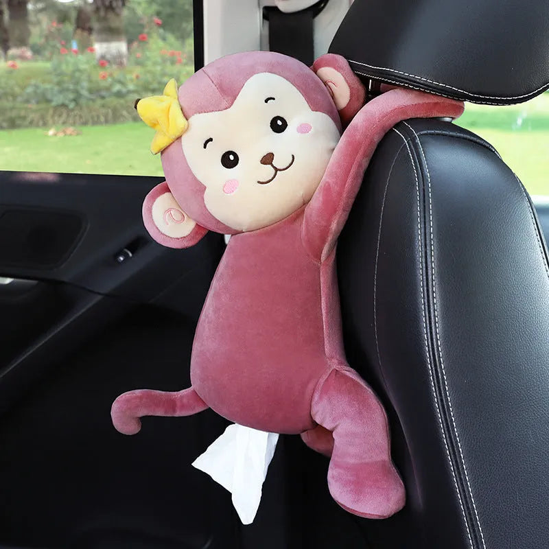 Soft plush car seat back tissue box holder with cute animal design