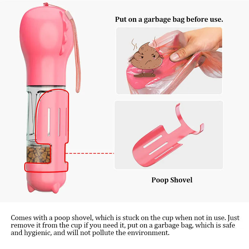 Pet multi-functional water bottle 300ml in yellow with built-in waste bag compartment and side shovel