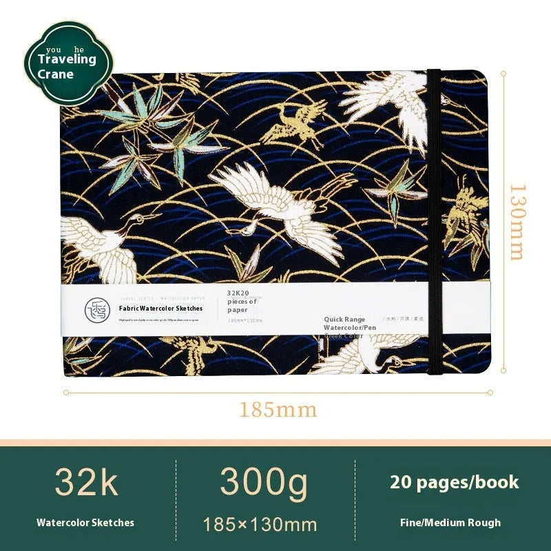Feiluniao handmade fabric watercolour notebook with illustrated cover, open to show blank paper pages.
