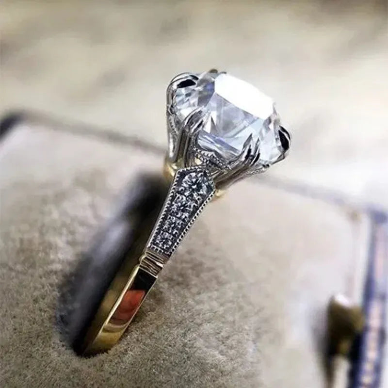 Geometric two-tone brass plated copper ring for women with inlaid zircon stone