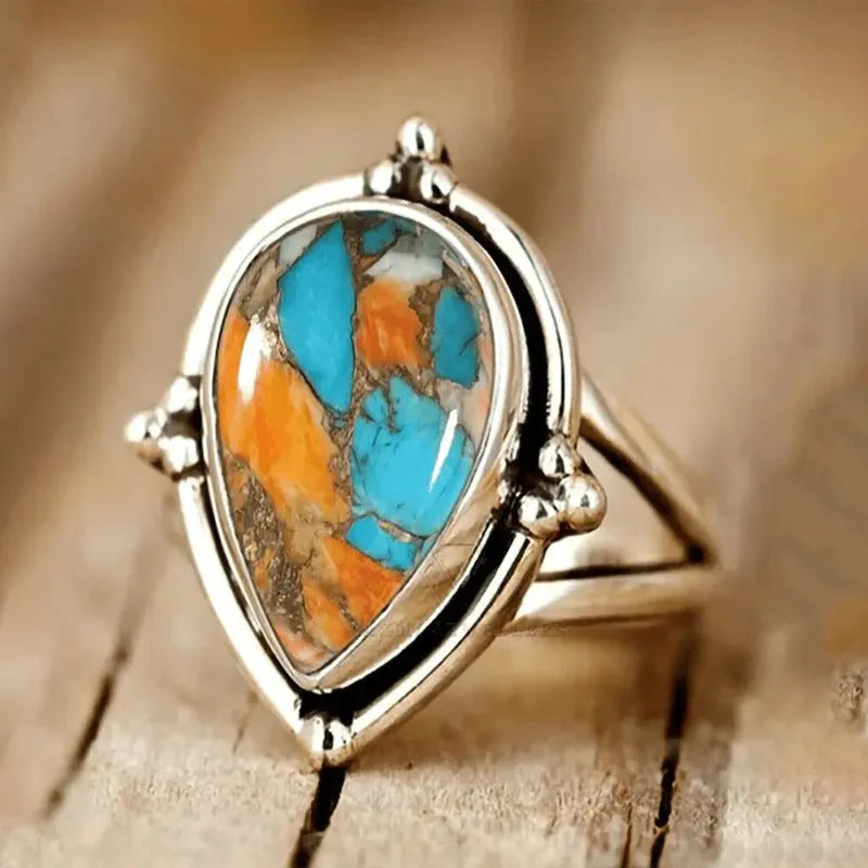 Women's antique-style copper ring with water drop and geometric design, electroplated silver finish, sizes No 6 to No 10