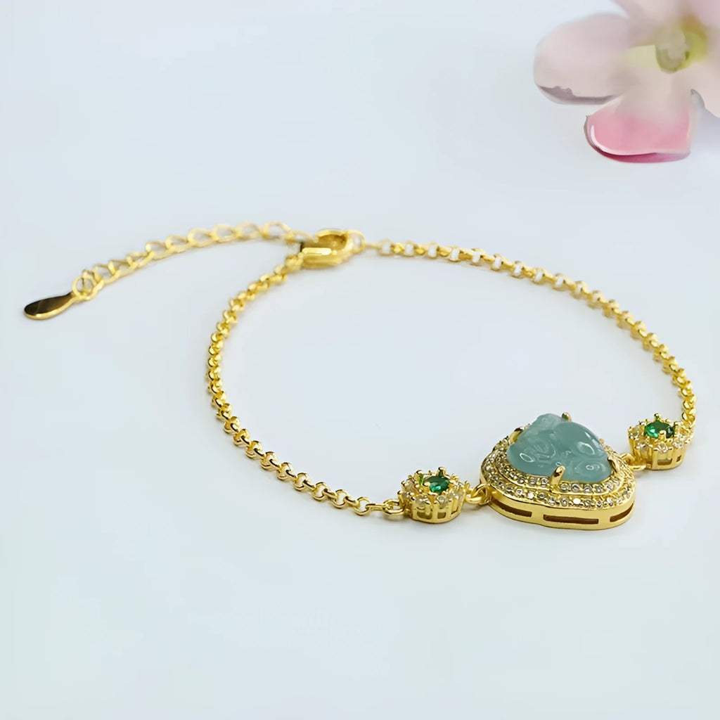 Emerald blue water Buddha jade bracelet for women showing 10x13mm dimensions and inlaid details