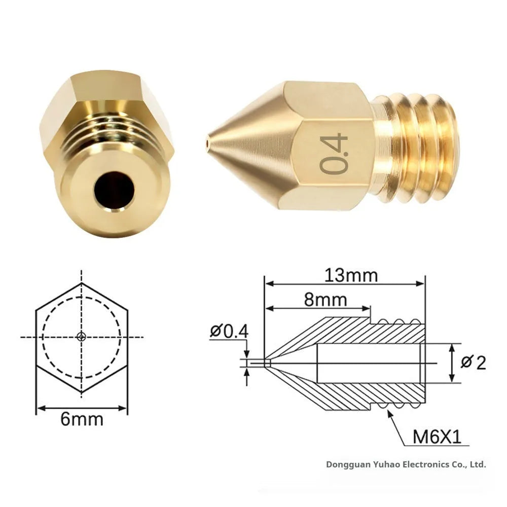 Pointed brass MK8 nozzle with alloy cleaning pin on grey background, 0.4mm aperture
