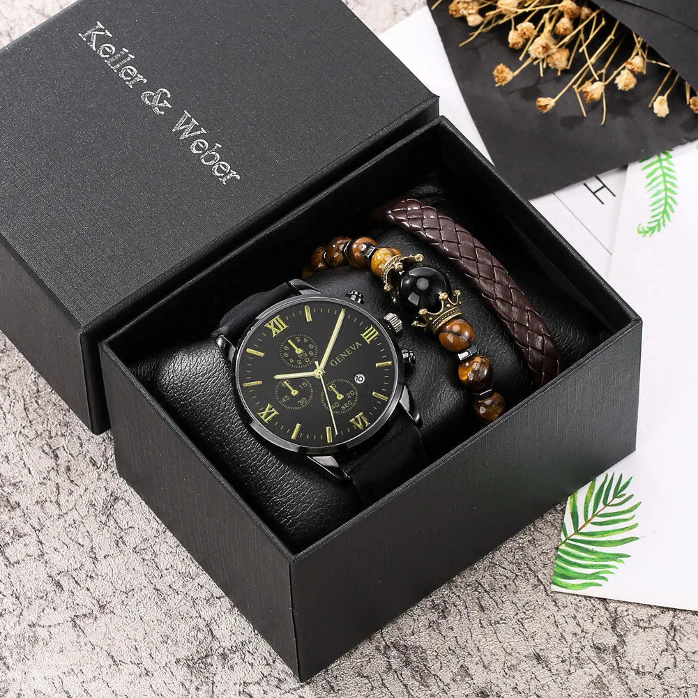 Men's quartz watch gift box set with alloy case stainless steel buckle six colour suits