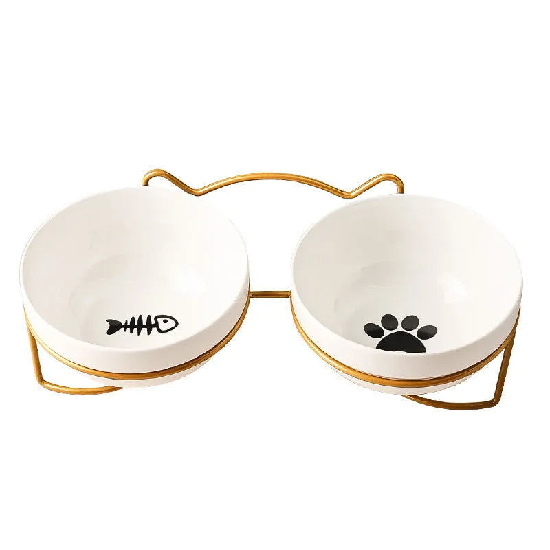 White ceramic cat bowl with decorative iron frame in cat ear design