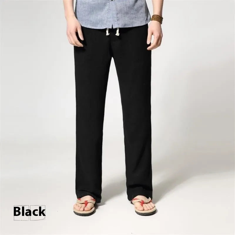 Men's straight leg casual trousers in a cotton linen blend, shown in a solid colour with a loose fit.