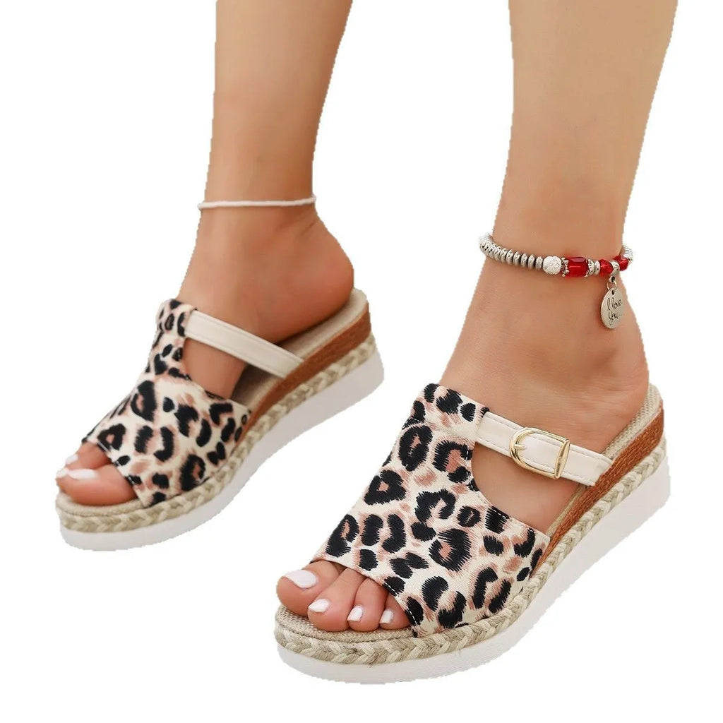 Leopard print wedge platform sandals with fish mouth toe in beige, light green, and yellow colours.