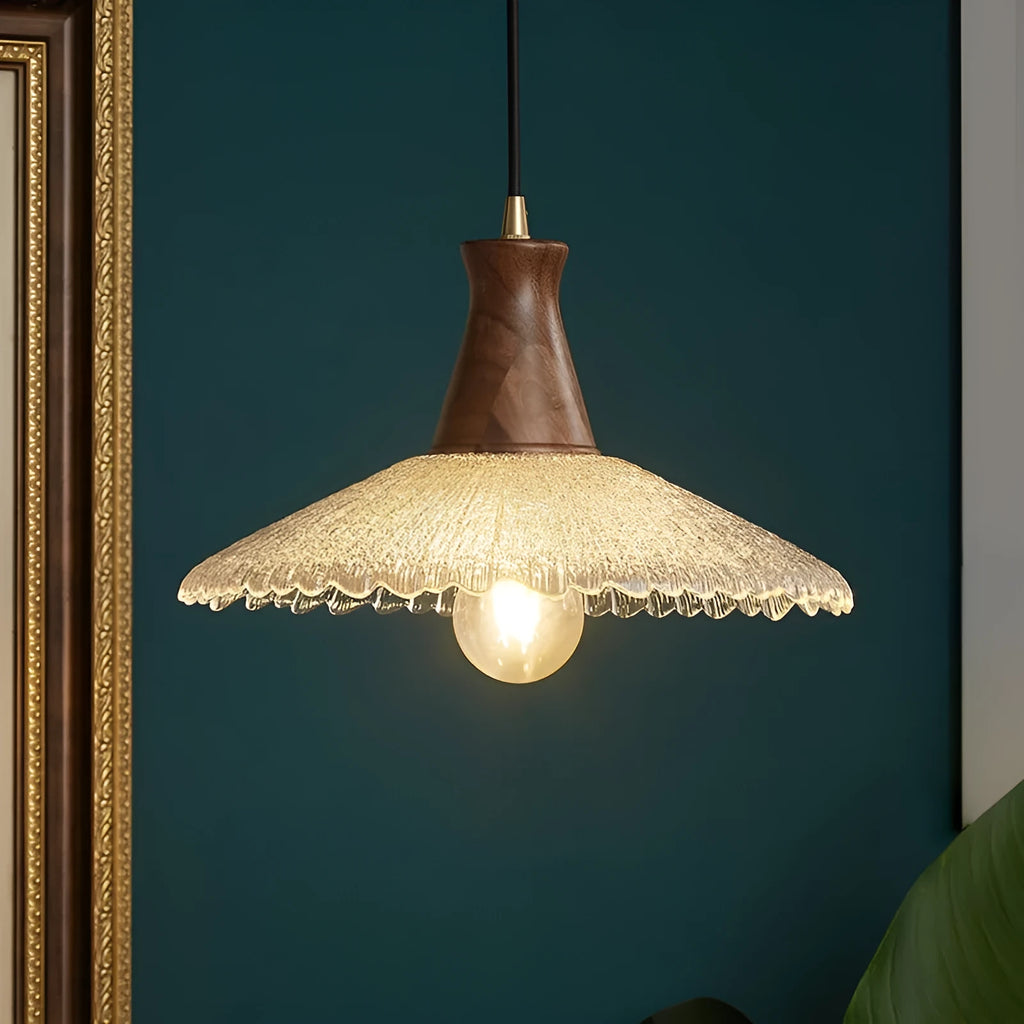 Retro simple wood and glass ceiling chandelier with brass finish in small, medium, or large size.