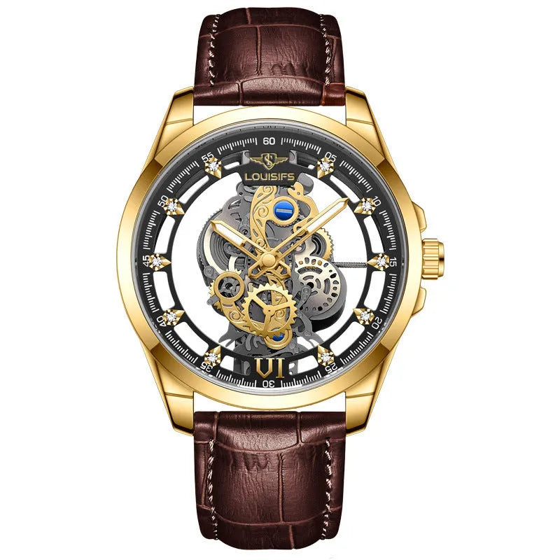 Men's Swiss quartz business watch with hollow case showing movement, available in three colour combinations