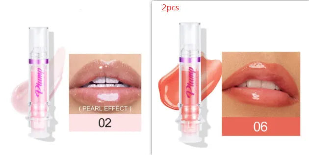 Tube of lip gloss showing shiny finish, available in six different colour shades.