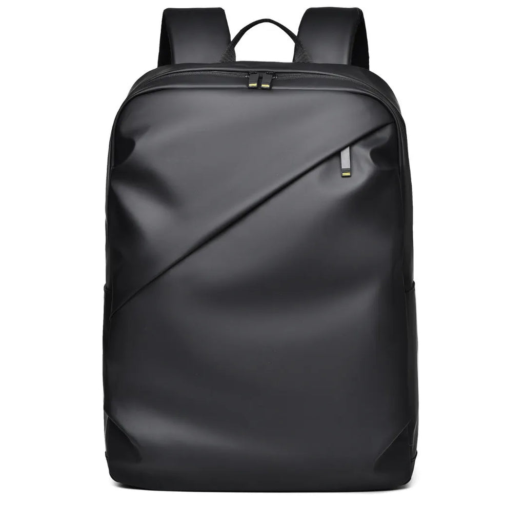 Men's waterproof backpack in black, blue or grey colour with PU leather construction and sewing thread detailing