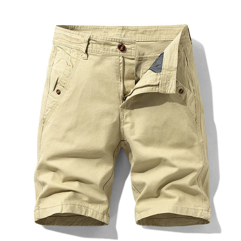 Men's khaki cotton casual overalls with straight legs and a zip fly front closure