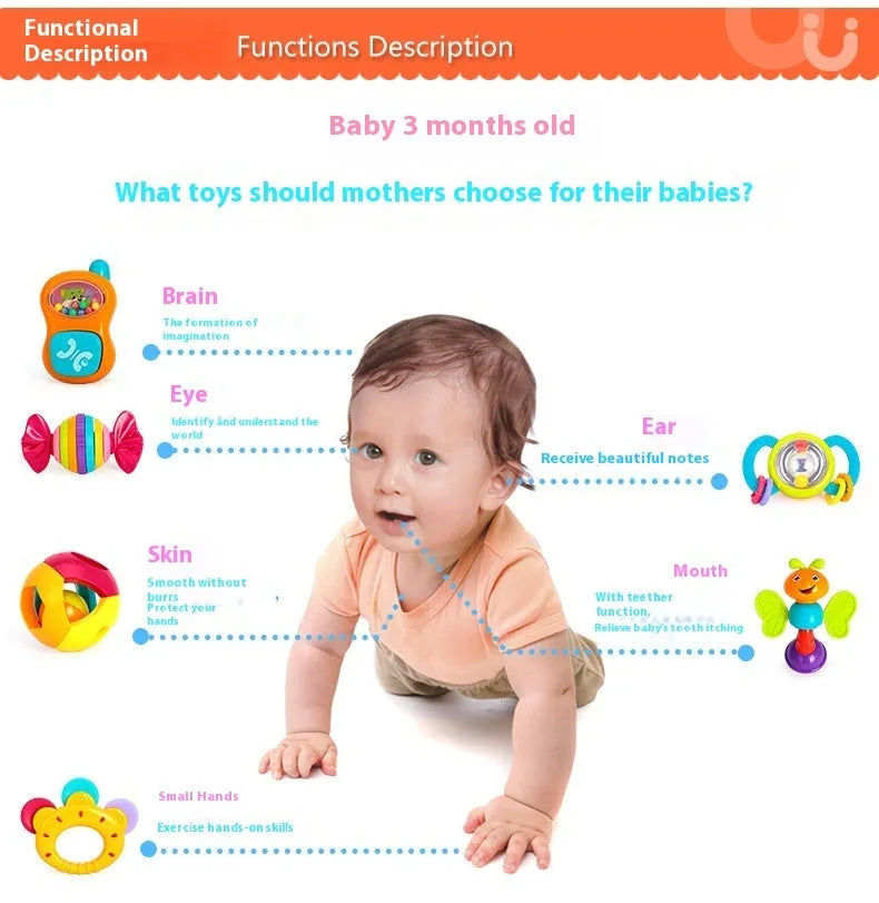 Ten baby rattles in various multicolour styles arranged on a white background, showing different colours and shapes for infant grasping