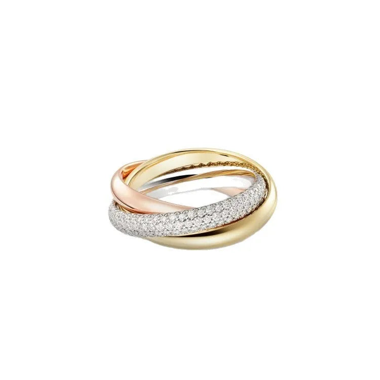 A pair of silver couple rings with a full diamond setting and U-shaped geometric design on a grey background.