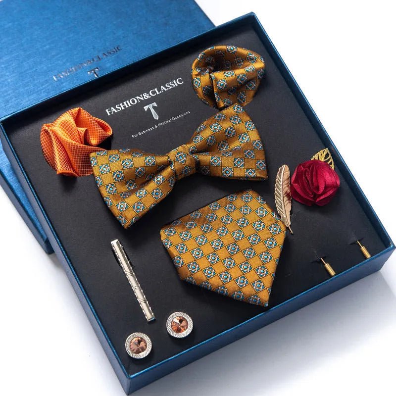 Men's 8-piece rayon jacquard bow tie set, heart shape arrow style, monochrome pattern, 146cm length