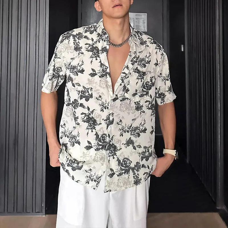 Men's loose fit short sleeve shirt with floral print in black or white colour options