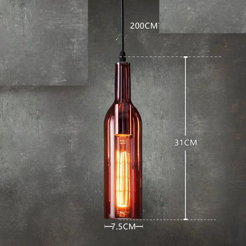 Nordic style wine bottle glass chandelier with five coloured shades in amber, metal ceiling plate, and 200cm drop line