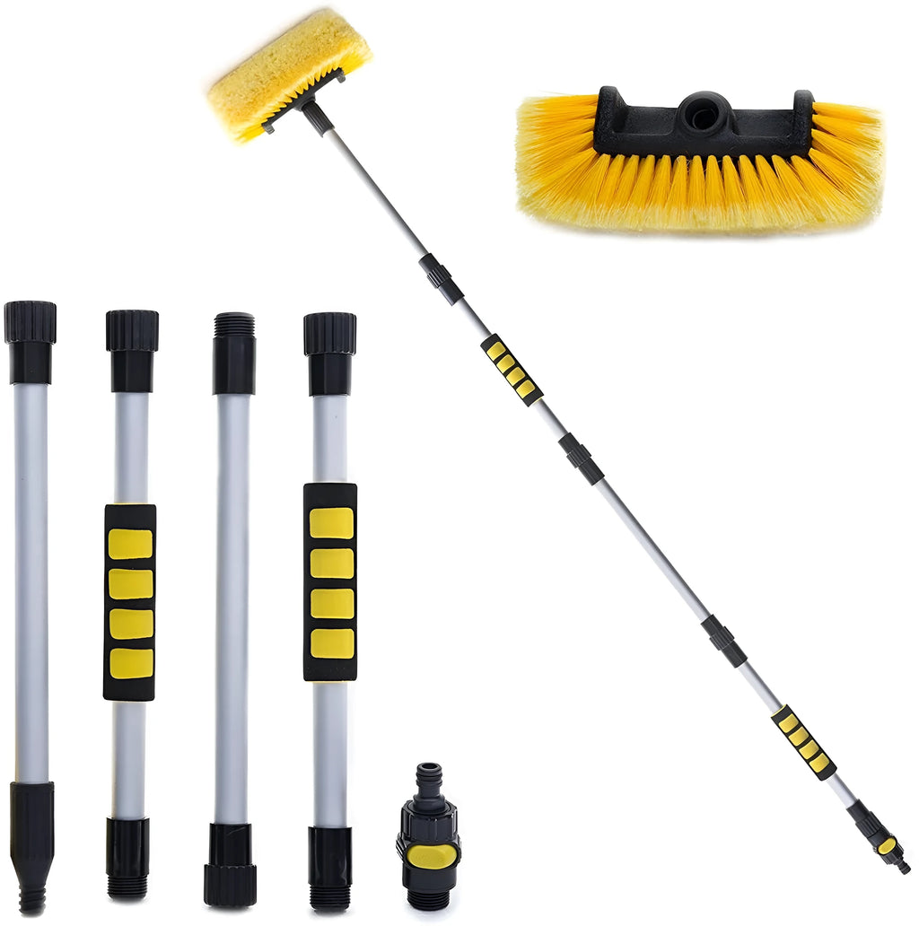 Portable car wash brush with telescopic rod and removable flow-through brush head in multiple colour options