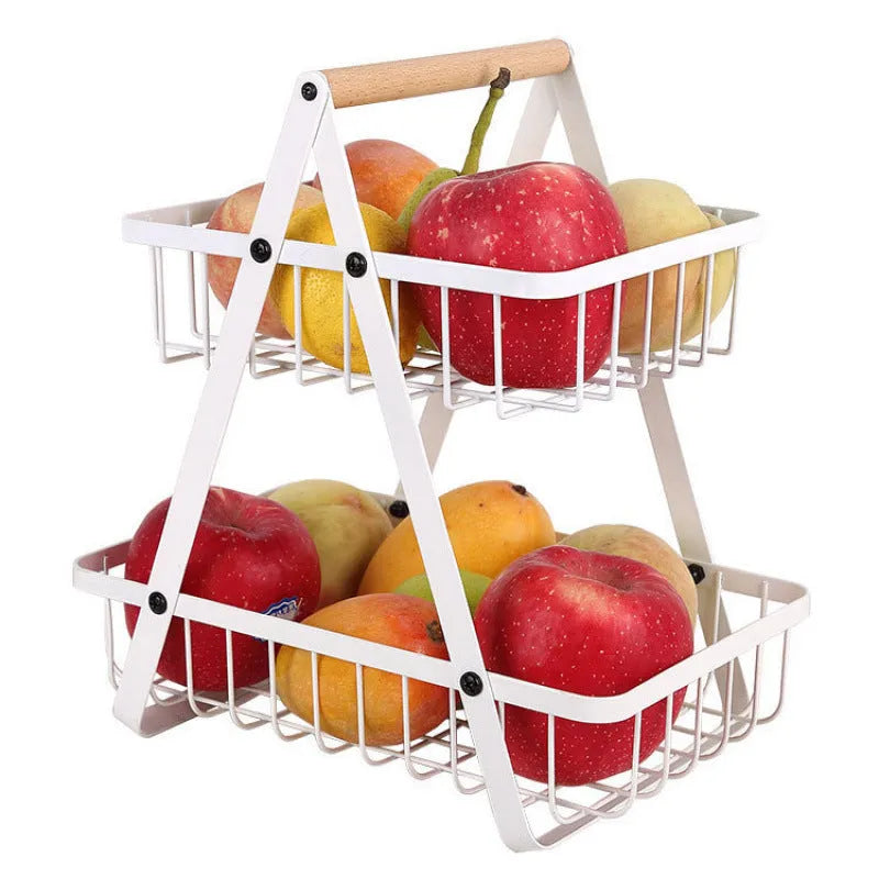 Black detachable iron double-layer fruit basket with wooden handle on tabletop