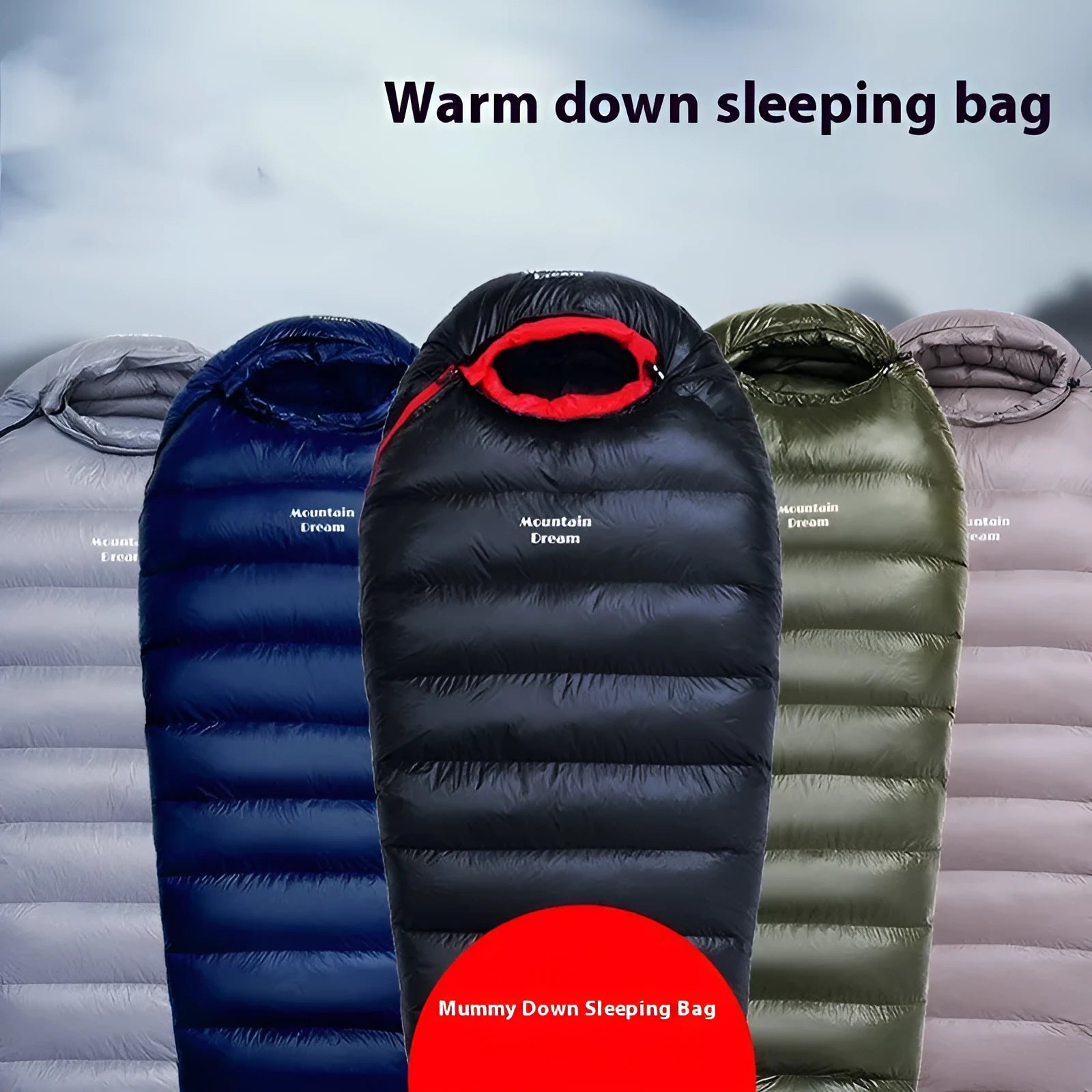 Ultralight mummy-style sleeping bag filled with white duck down, shown in army green 400T nylon fabric.