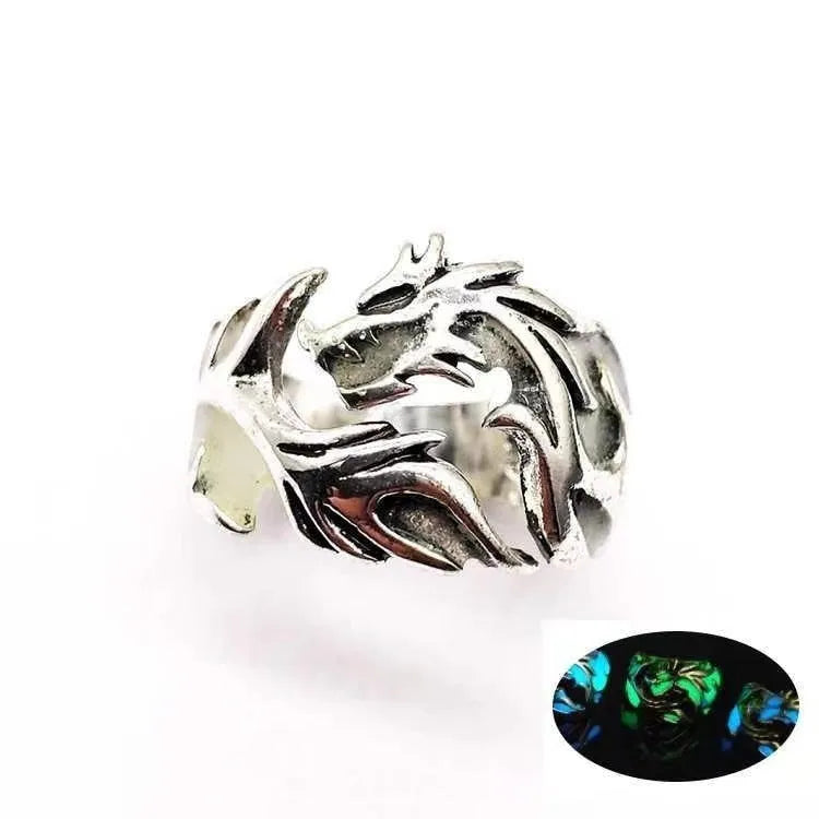 Adjustable Chinese dragon pattern ring in archaic silver blue and green with luminous detail