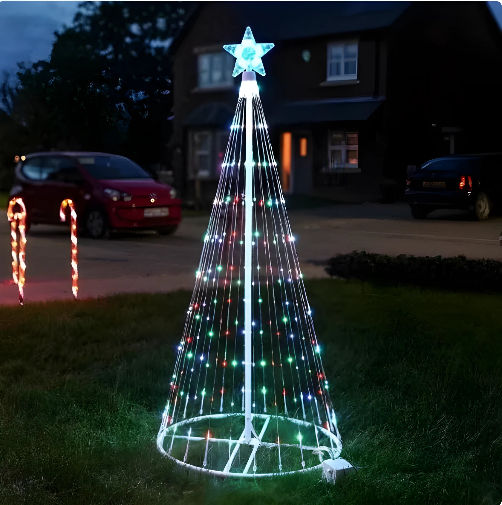 Multi colour LED animated outdoor Christmas tree lights showing 200 warm white lamps on 1.5m or 2m frame