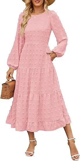 Autumn long sleeve dress with high waist and ruffle sleeves in solid colour options
