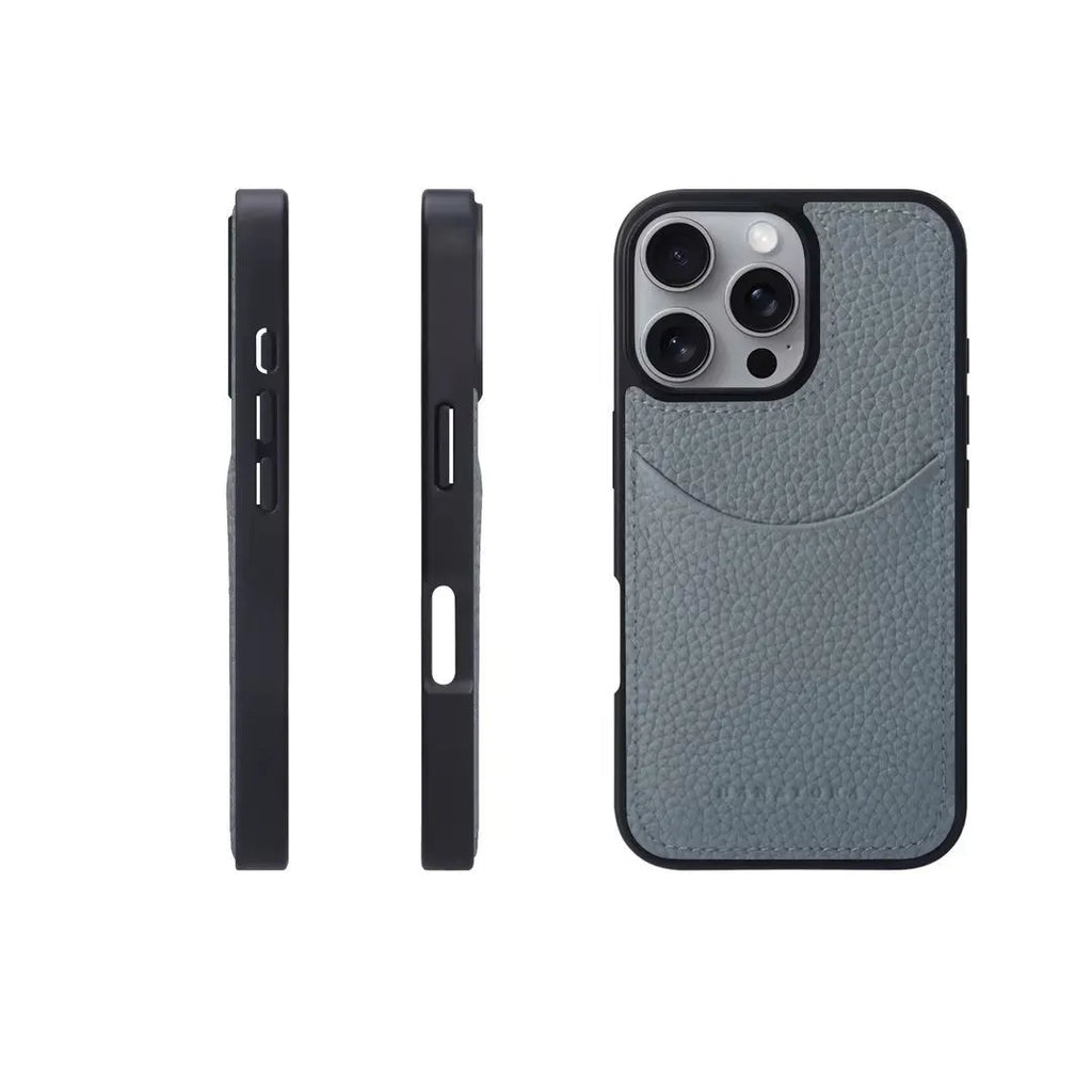 Genuine leather card holder phone case with non-slip cowhide texture for Apple iPhone, black colour