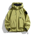 Men's black hooded waterproof windproof jacket on a hanger