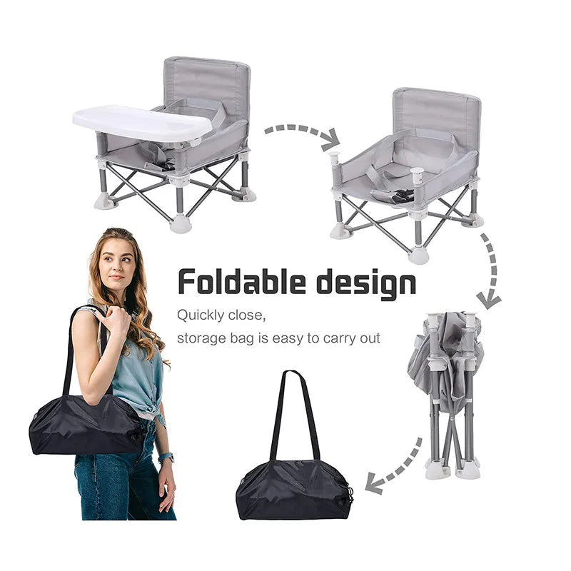 Foldable baby dining chair with safety belt, removable tray, and storage bag in pink