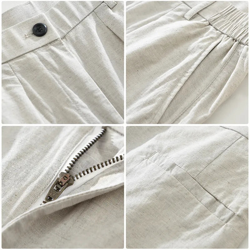 Men's straight-leg cotton linen trousers in Japanese style with loose fit
