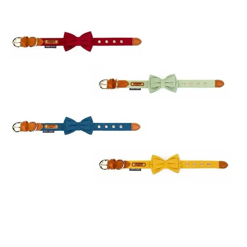 Dog collar with lettering and bowknot leather hand holding rope set in creamy green colour for small dogs