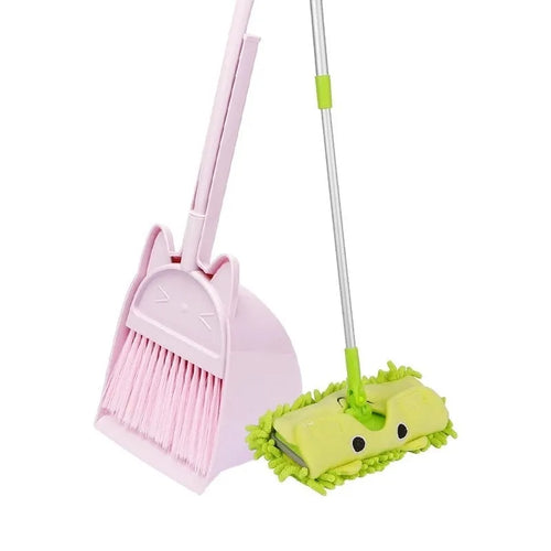 Purple, green, and beige plastic broom and dustpan set with a non-stick rotating brush holder.