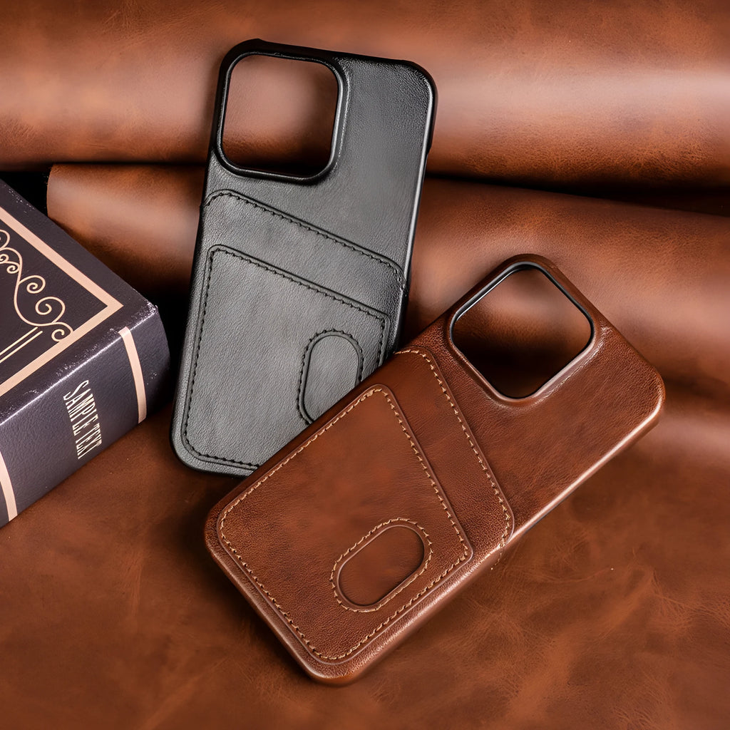 PU leather flip wallet phone case in brown, open view showing card slots for iPhone 13