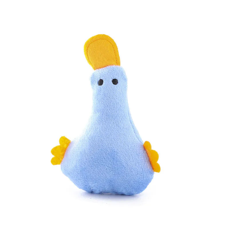 Colourful plush duck pet toy with catnip, a squeaker, and crinkly rattle paper for cats and dogs.