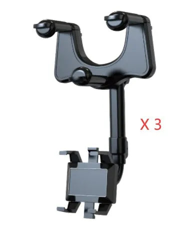 Black rearview mirror car phone holder with rotating head and four gripping claws extended.