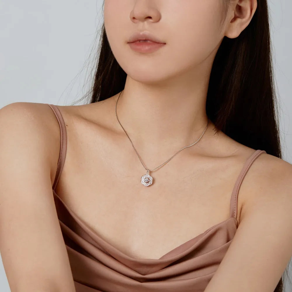 925 silver flower geometric pendant necklace with platinum electroplated finish for women