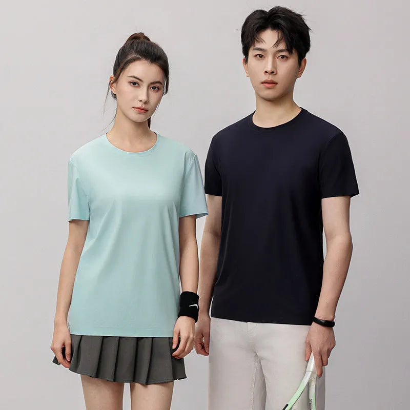 Ice Silk quick-dry antibacterial anti-UV slim-fit T-shirt in solid colours on a hanger.