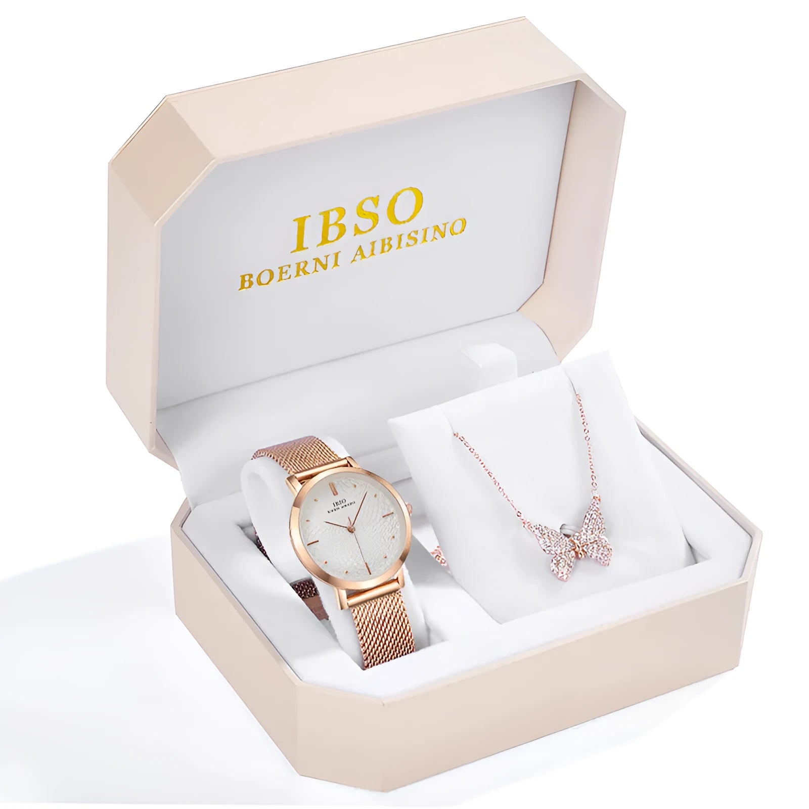 Rhinestone butterfly necklace quartz watch with round dial, alloy strap, and pin buckle