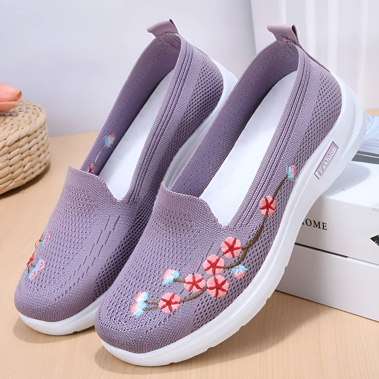 Women's embroidered woven casual pump in wine red with flat low heel and anti-slip sole